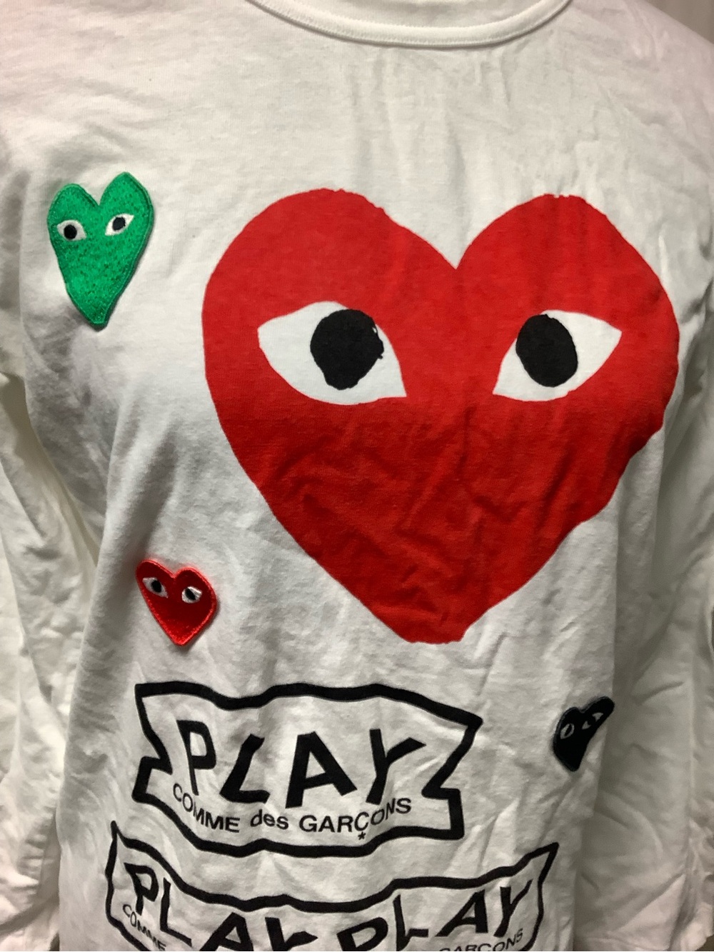 Comme des Garçons PLAY White Long-Sleeve Tee with Red, Green, Black Heart Logos